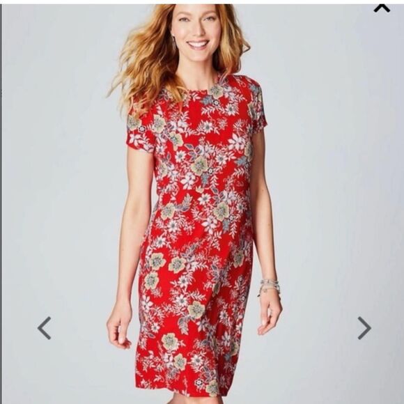 J.Jill Red Floral Jersey Knit Crew-Neck  Short Sleeve Dress W/ Pockets Size M - Picture 1 of 13